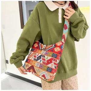 Ethnic geometric pattern canvas crossbody bag, stylish casual women messenger shoulder bag.