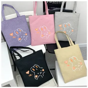 Casual τσάντα shopper από καμβά με χαριτωμένο σχέδιο κουνελιού, πολύχρωμη τσάντα ώμου.