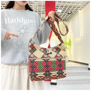 Detailed view of ethnic style woven canvas crossbody bag with geometric embroidery patterns.