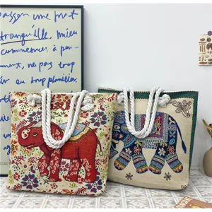 Borsa a tracolla in tela ricamata con elefante etnico e spesse bretelle in corda donna.