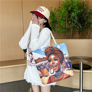 Casual West African graphic canvas tote bag with thick rope handles for beach travel and daily use.