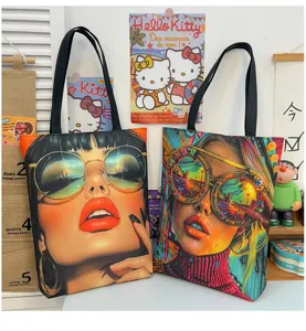Leinwand Schultertasche mit modischem Kunstporträt-Druck, lässige Alltagseinkaufstasche.
