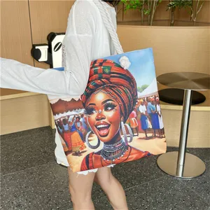 Large capacity canvas shoulder bag with unique African tribal art print and thick rope handles.