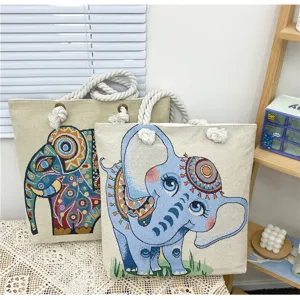Borsa tote in tela ricamata con elefante etnico e manici in corda spessa, borsa casual.