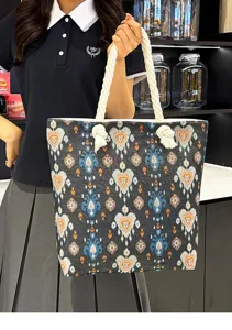 Canvas Shopper Tasche mit dicken Seilgriffen und ethnischem geometrischem Stickmuster für Damen.