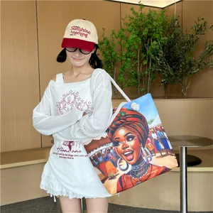 Stylish canvas tote bag large capacity beach shoulder bag with artistic portrait prints