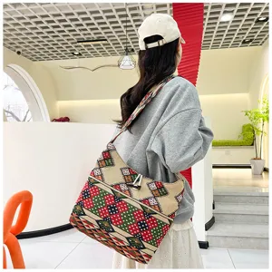 Ethnic embroidered canvas shoulder bag, casual bohemian style crossbody tote for women.