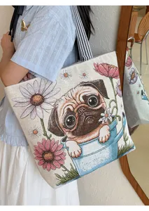 Leinwand-Tasche mit süßem Mops und Blumen gewebtem Muster, lässige Schultertasche für Damen.