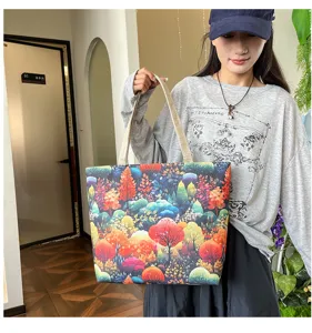 Bolso tote de lona con estampado de bosque colorido gran capacidad para uso diario casual.