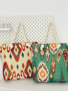 Ethnic style canvas tote bag with thick rope handles, large capacity boho shoulder bag.