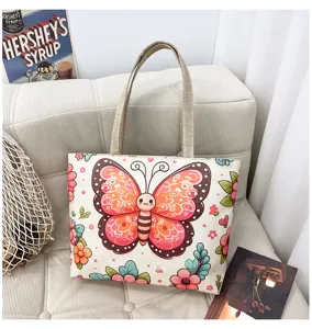 Sac cabas en toile avec imprimé papillon mignon, sac à épaule esthétique décontracté pour femme.