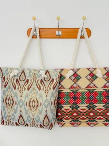 Large capacity woven tote bag with rope handles ethnic style geometric pattern shoulder bag