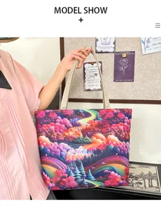 Bolso tote de lona colorido, bolso de hombro grande con estampado de paisaje psicodélico.