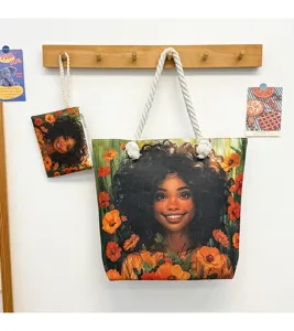 Sac cabas en toile avec impression graphique de fille noire artistique et pochette assortie.