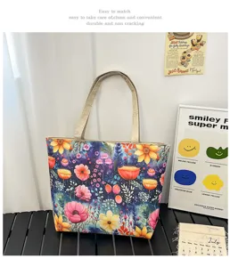 Bolso tote de lona con estampado floral, bolso de hombro informal grande para mujeres.