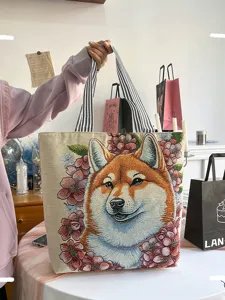 Grosse Kapazitaet Leinen Tragetasche mit suessem Shiba Inu Muster, modische Schultertasche.