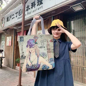 Stijlvolle vintage canvas schoudertas voor dames, grote casual tote tas met stad print.