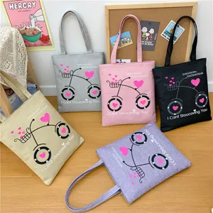 Borsa a Spalla da Donna in Cotone Lino Dolce Elefante Bicicletta Stampa Tote Borsa Scuola Studente Tela Borsa della Spesa