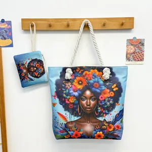 Sac Fourre-Tout en Toile pour Femmes Dessin Animé Fille Noire Imprimé Sac à Épaule Grande Capacité Sac à Main Décontracté Shopping Sac de Voyage Avec Petite Pochette