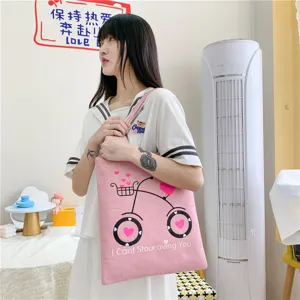 Borsa a tracolla in tela di lino rosa con stampa bici e cuore per lo stile quotidiano casual.