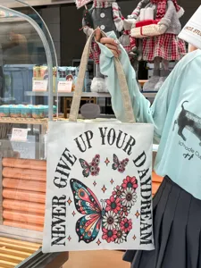 Bolso tote de lona para mujer bolso de hombro informal gran capacidad estampado de mariposa floral