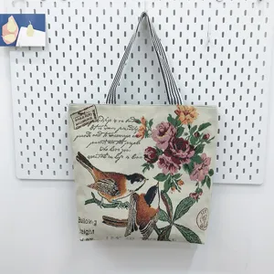Vintage canvas shopper tas met bloemen en vogel patroon, grote casual schoudertas.