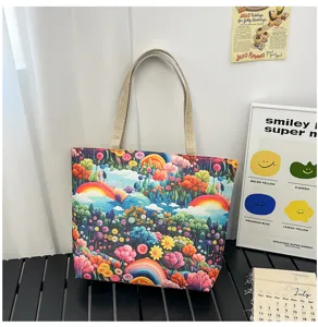 Bolso tote de lona con paisaje de arco iris colorido, gran bolso de hombro casual para mujer.