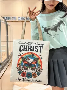 Bolso tote de lona para mujer, bolsa de hombro de gran capacidad con diseño de mariposa.