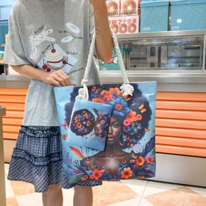 Sac Cabas Toile Imprimé Floral Afro Sac à Main Épaule avec Pochette pour Voyage