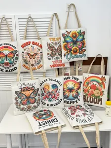 Bolso de lona con estampado vintage de mariposas y flores, bolso de hombro casual grande.