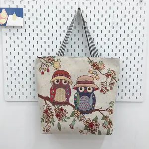 Linnen canvas schoudertas tote bag met schattig uil geweven patroon, grote capaciteit.