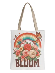 Bolso tote de lona informal con estampado floral retro de arcoíris, bolso de hombro grande.
