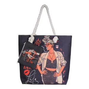 Sac cabas en toile avec imprimé fille noire, sac à épaule élégant léger pour le voyage et shopping.