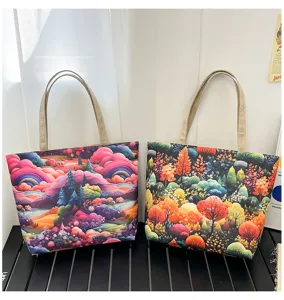 Bolso tote de lona con estampado paisajístico artístico, bolso de hombro informal para mujer.