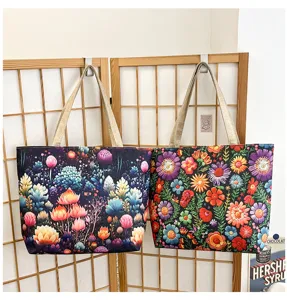 Bolso tote de lona con estampado floral, bolso de hombro casual de gran capacidad.
