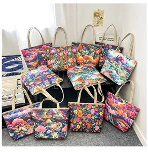 Bolso tote de lona con estampado artístico colorido, gran bolso de hombro para uso diario.