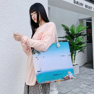 Borsa shopper da spiaggia in tela da donna, stile moda minimalista, grande borsa.