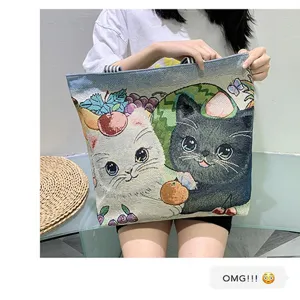 Ethische gewebte Canvas Umhängetasche mit Katzen und Früchten für Damen Freizeit und Alltag