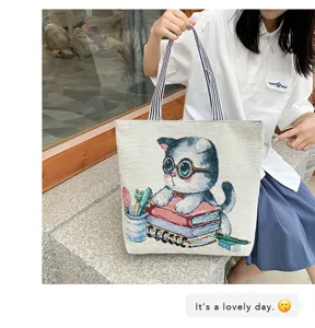 Casual canvas tote bag for women, cute cat print shoulder bag, large capacity daily shopping bag.