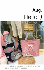 Borsa a tracolla in tela con ricamo di coniglio e volpe per uso quotidiano degli studenti.
