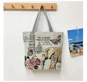 Sac cabas en toile vintage avec motif éléphant, sac à épaule décontracté pour femme élégante.