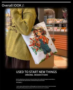 Borsa shopper in tela con stampa anime stile coreano, grande borsa a tracolla casual da donna.