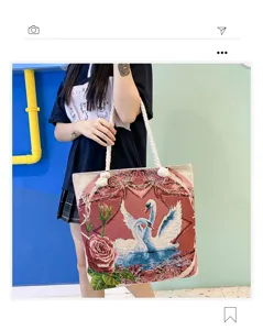 Sac cabas fourre-tout vintage avec motif cygne et rose, sac à épaule en toile élégant.