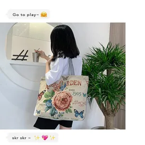 Vintage Blumen Leinen Segeltuch Tragetasche für Damen, lässige ethnische Schultertasche.