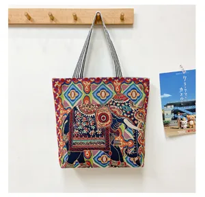 Sac cabas ethnique style éléphant en toile, grand sac épaule fourre-tout pour femme.