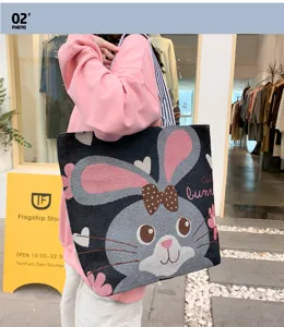 Borsa shopper in tela stile coreano con ricamo di coniglio carino, grande borsa casual.