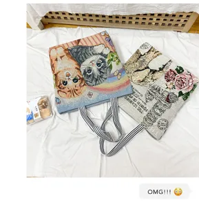 Cute cat and vintage pattern canvas tote bag, large capacity casual shoulder shopping bag.