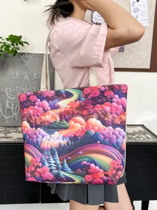 Bolso de hombro de lona grande con estampado de paisaje fantastico colorido, bolso informal.