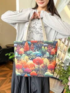Bolso tote de lona con estampado de árboles coloridos, bolso de hombro casual grande.