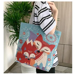 Ethno-Stil Canvas Umhängetasche mit süßem Fuchs-Muster und gewebtem Design für Damen.